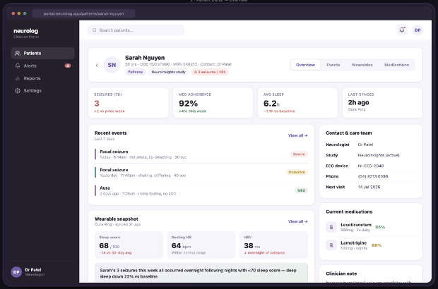 Clinician dashboard mockup showing patient events and wearable summary data