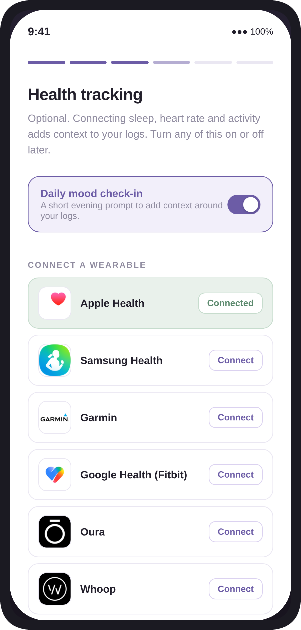 NeuroLog mobile app: health tracking and wearable connection