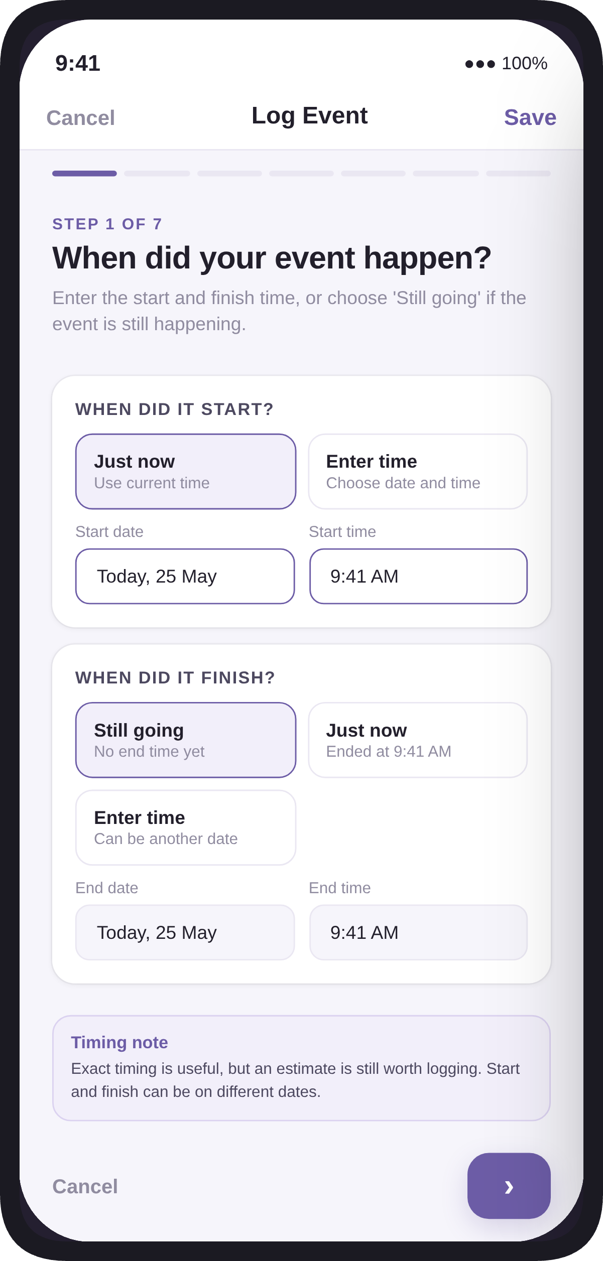 NeuroLog mobile app: logging an event