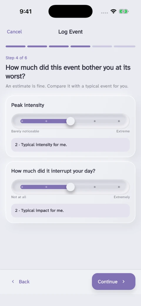 NeuroLog event logger asking about intensity and impact on the day