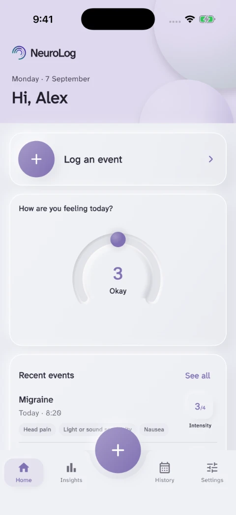 NeuroLog home screen with recent events and wearable health context