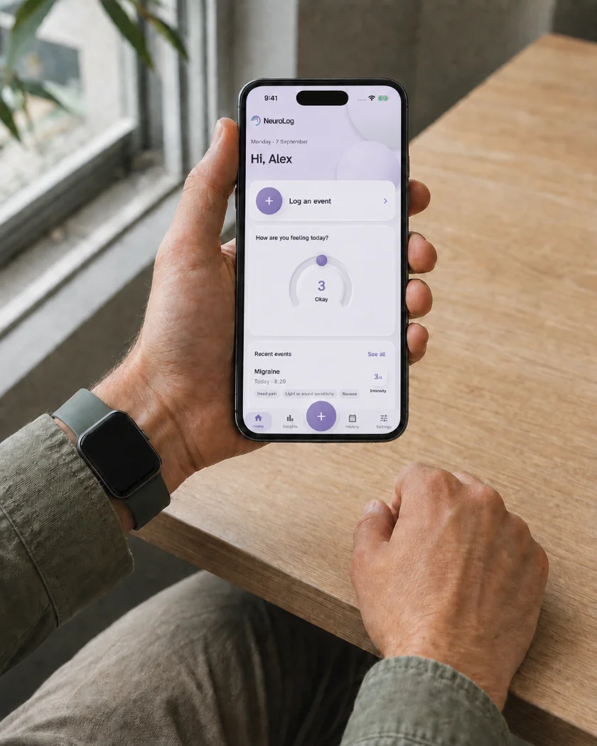 A person wearing a smartwatch holds a phone displaying the NeuroLog home screen